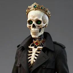 humanoid skeleton ; black eyes green accent ; sharp facial features ; slender ; wearing black trench coat ; robot ; trending on artstation ; wearing ornate circlet ; wearing ornate golden choker with rubies ; high detail ; digital art