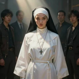 imposing and relaxed cyberpunk nun, white duster coat, with dramatic volumetric god rays by john singer sargent, syd mead, craig mullins, finnian macmanus, sung choi, ruan jia. cinematic keyframe concept art on artstation