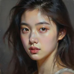 perfect, realistic oil painting of close-up japanese girl face, by Greg Rutkowski, by an American professional senior artist, Hollywood concept, dynamic composition and motion, postproduction.