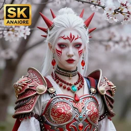 albino girl in a ornated armor pagan facepaint, detailed, jewelry, sakura, photograph, award wining, red and white, trending on artstation, punk attitude, 4 k, unreal engine 5, octane render, neon highlights