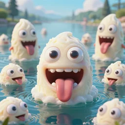 of a lake filled with ice - cream with strange cute friendly happy creatures with huge eyes, mouth, long tongue and round teeth appearing from the lake, in the style of gehry and giger, macro lens, shallow depth of field, highly detailed, digital painting, trending artstation, concept art, illustration, cinematic lighting, vibrant colors, photorealism, epic, octane render