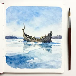 small centered on watercolor paper, paint brush strokes, abstract watercolor painting of ancient viking wreck skeleton in frozen lake, daylight, blue sky, cinematic light, national romanticism by hans dahl, by jesper ejsing, by anders zorn, by greg rutkowski, by greg manchess, by tyler edlin