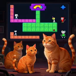 orange cats gameplay still frame, 4 colors, pixel art, retro, splash screen, level design, high contrast, background, deep focus, highly detailed, dramatic lighting, digital painting, artstation, concept art, matte, greg rutkowski, moebius, illustration.