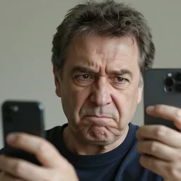 An old middle aged man frowning with an emo scene haircut in the 2000s taking a low resolution selfie of himself, photograph, taken in the mid 2000s, highly detailed, very detailed, realistic, hyperrealistic, real life, HD Quality, 8k resolution