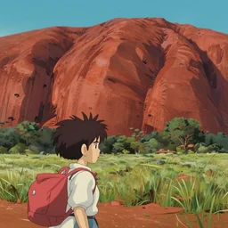 australia ayers rock, uluru landscape, by hayao miyazaki, studio ghibli, breath of the wild zelda style