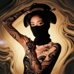 beautiful woman in liquid fluid simulation, female upper body, beautiful supermodel, black wave patterns, cinematic light, surreal face portrait, cinestill, film still, body portrait, geisha, optical illusion, art noveau, magic hour, female balaclava, modelling pose, glamour, body acts