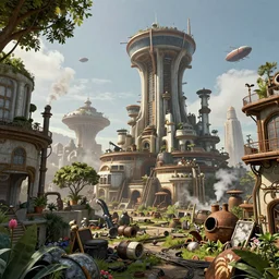 a futuristic steampunk city with art deco architecture, movie concept art, lush vegetation, trees, flowers, steam, smoke, wires, junk, air ships, octane render, photo realistic, highly detailed, trending on artstation by don bluth