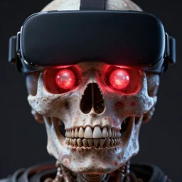 very detailed portrait of skull with pearl red sphere glowing eyes + vr glasses headset + 4 k hyper details render + by alex grey + fractal mundelbulb intricate design + dramatic lighting + cinematography photography