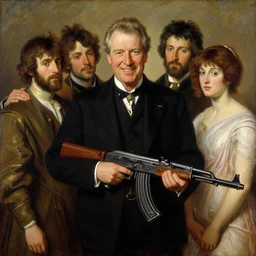 a beautiful painting of bob barker holding an ak - 4 7 by john everett millais and dante gabriel rossetti and john collier and john william waterhouse, preraphaelite, detailed, trending on artstation, hd, masterpiece