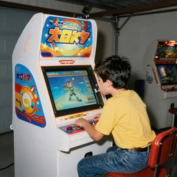1 9 9 0 s photo, future boy the arcade machine, in the garage,