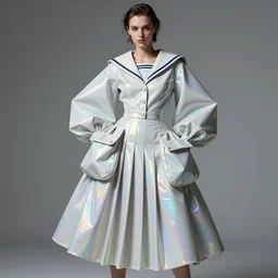 james jean wearable sculpture haute couture, holographic, body fitted dart manipulation, loose coat collar sailor uniform, midi skirt, coated pleats, synthetic curves striking pose, stylized dynamic folds, cute huge pockets, intriguing volume flutter, youthful, modeled by modern designer bust, expert composition, professional retouch, editorial photography