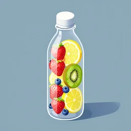 ( ( dithered ) ), strawberries blueberries sliced kiwi sliced lemon inside a clear drinking bottle, isometric, modern art deco, mads berg, karolis strautniekas, christopher balaskas, stippled light, fog, moody, fine texture, editorial illustration, dramatic lighting, dynamic composition, detailed, matte print, muted color