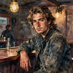 oil watercolor painting of young rugged guy in western bar, stubble, long hair, mysterious light, art by anders zorn, wonderful masterpiece by greg rutkowski, beautiful cinematic light, american romanticism by greg manchess, creation by tyler edlin