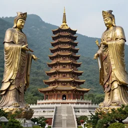 pagoda in front of a mountain, gods encircling it