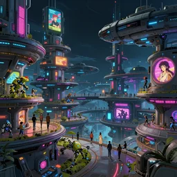 a beautiful concept art, cyberpunk 2 0 7 7, futuristic neon space colony terraced in multiple levels, with people walking, cyber robotics creatures, large space ships, by alena aenami and studio ghibli and alejandro burdisio, dark night, anime, manga, hyper detailed, vibrant, fantasy, 8 k hdr, digital, artstation, cg