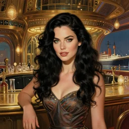 beautiful woman with long wavy curly black hair and green eyes, wearing a cocktail dress. clear detailed face she is in the bar of the atlantis paradise, a retro futuristic spaceship made of brass bronze gold, art deco influence, hotel style design. bioshock, starship titanic. clean, well composed painting by artgerm and greg rutkowski.