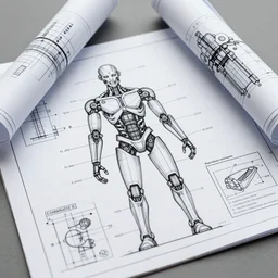 an engineering sketch diagram of a cyborg, blueprints, diagram, user manual, sketch, engineering design