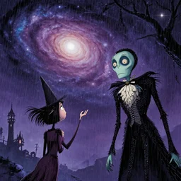 comic book art in the style of bob ross and tim burton, trending on artstation, rain, beautiful, matte painting, galaxy, traveling through time, epic adventure, cinematic composition