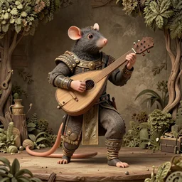 a fancy rat man fantasy dnd bard performing on a stage playing lute, fine digital art, extreme detail, highly complex, very intricate, volumetric bushes