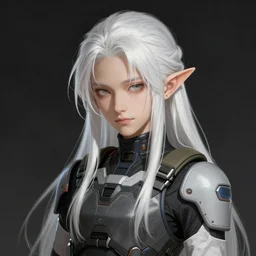 portrait of an elf by ayami kojima, he is about 2 0 years old, androgenic, long white hair, slender and tall, smirk, he is wearing a modern tactical gear, scifi, highly detailed portrait, digital painting, artstation, concept art, smooth, sharp foccus ilustration, artstation hq