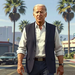 Joe Biden in GTA V. Los Santos in the background, palm trees. In the art style of Stephen Bliss