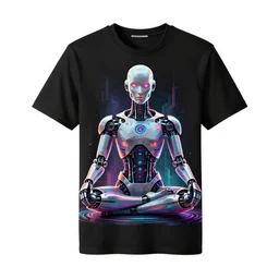 photo of a black tshirt with a hyperdetailed portrait of a futuristic trippy cyberpunk meditating robot, 8 k, symetrical, flourescent colors, multicolored tshirt art,
