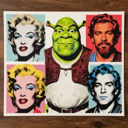 a pop art drawing of shrek by andy warhol and roy lichtenstein and keith haring, 4 k, trending on artstation, detailed, film still