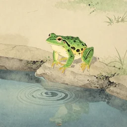 frog jumping into old pond, japanese watercolor, antique,