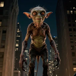 gollum taller than the buildings in new york, by peter jackson, photographic still, intense, at night
