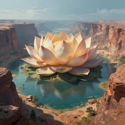a beautiful highly detailed matte painting of an alien planet with giant lotus with a lake surrounded by a canyon and rocks. by bruce pennington concept art