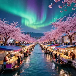 floating markets of dotonbori street in pamukkale river in cyberpunk theme during aurora borealis and sakura season, by ruan jia, adim kashin, martine johanna, yoann lossel, jakub rebelka, james jean, rule of thirds, visually stunning, majestic, divine, intricate, vendor, food market,