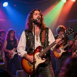 Jesus sings in a power metal band, rainbow, crowd of humans