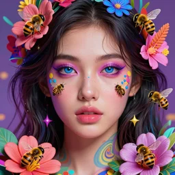 sexy, beautiful, young woman, detailed gorgeous face, vaporwave aesthetic, synthwave, colorful, psychedelic, artstation, concept art, smooth, extremely sharp detail, flowers, bees, finely tuned detail, ultra high definition, 8 k, unreal engine 5, ultra sharp focus, illustration, art by artgerm, greg rutkowski and alphonse mucha