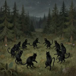 black cats dancing in a circle, coniferous forest, dark calm sky with sparkling stars, art by suffering middle ages, by wlop, james jean, victo ngai! muted colors, highly detailed, fantasy art by craig mullins, thomas kinkade