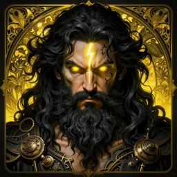 furious god zeus, wavy black hair, bushy beard, glowing eyes, thunder forehead tattoo, volumetric lights, black and yellow scheme, art nouveau botanicals, gothic, intricate, highly detailed, digital painting, artstation, concept art, smooth, sharp focus, symmetric face, illustration, steampunk, art by artgerm and greg rutkowski and alphonse mucha