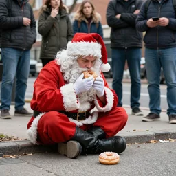 homeless santa eating a donut he found on the sidewalk as bystanders watch confused