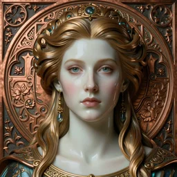 face centered portrait, artwork by james jean, hyperdetailed realistic smooth polished porcelain, beautiful viking queen, jean delville, art nouveau, gustav klimt, ornate copper patina gothic icon, james jean, ultrasharp hyperdetailed photorealistic octane render