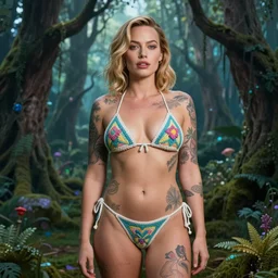 tattooed margot robbie portrait posing in a magical crochet bikini in a magical forest, full body, highly detailed realistic face, highly detailed eyes, fantasy art, in the style of greg rutkowski, illustration, epic, fantasy, intricate, hyper detailed, artstation, concept art, smooth, sharp focus, ray tracing, vibrant, photorealistic