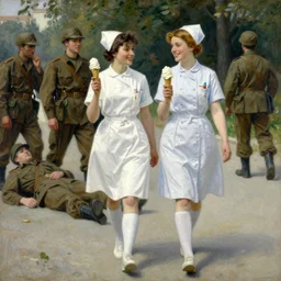 painting of two smiling nurses with ice cream cones in their hands walking past injured soldiers by emile friant