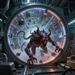 of demons crawling out of the Large Hadron Collider at Cern carrying interdimensional technologies with them 8k extremely high level of detail