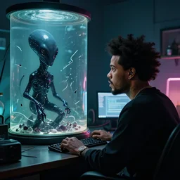 The Weeknd is watching a black liquid squid creature alien that broke into the room from a broken glass incubator by Ross Tran. The weeknd sitting next to a computer screen by Greg Rutkowski