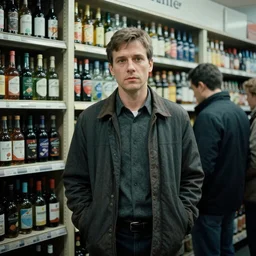 “Kyle MacLachlan as Agent Cooper standing in queue to a liquor store in Russia, 35mm, cinematography”