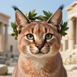 cute fluffy caracal in a ancient greek city, wearing laurel chaplet hat on head | | cute, key visual, realistic shaded perfect face, fine details by stanley artgerm lau, wlop, rossdraws, james jean, andrei riabovitchev, marc simonetti, and sakimichan, trending on artstation