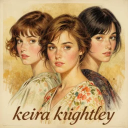 “ keira knightley portrait by ikenaga yasunari and ayana otake and ko rakusui, 6 0 s poster, drawing, realistic, sharp focus, japanese, dreamy, nostalgia, faded, golden hues, floral clothes ”