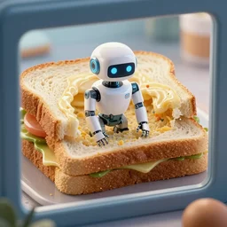 a robot living inside a bread sandwish seen from outside, hyper detailed,