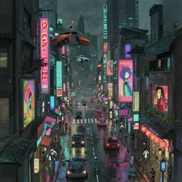highly detailed moody rainy neon cyberpunk city, street level view. detailed shops, advertising everywhere, cars around. robots, cars flying. in the style of spirited away, muted colours, hyperrealism, dynamic lighting, art by satoshi kon and studio ghibli, lush detail, award winning, pixiv fanbox, trending on artstation, by otto dix and greg rutkowski and beeple,