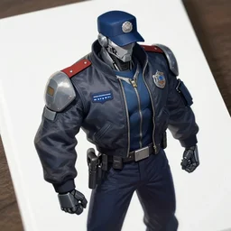 Character design police man, Mecha humanoid, cyberpunk bomber jacket,  concept art character, very high angle view, book cover, strong masculine features, sturdy body, command presence, royalty, smooth, sharp focus, organic, appealing, deep shadows, sketch line art for character design