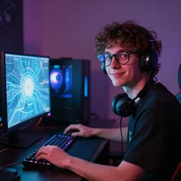 nerdy!! gamer with glasses next to glowing gaming computer