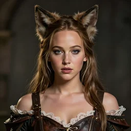 Jennifer Lawrence scarecrow princess , dungeons and dragons character art, cute anime cat ears, character portrait, woman, very pretty face, wearing leather and lace, bare shoulders, cinematic lighting, in the style of Charlie Bowater, Tom Bagshaw, single face, symmetrical, headshot photograph, cinematic, portrait, Raphaelite, headroom, artstation, Pierre-Auguste Renoir