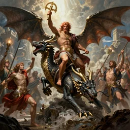 Hercules riding the Colchian dragon into battle, by Rolf Armstrong and Evelyn De Morgan and Bastien Lecouffe-Deharme, dramatic lighting, high contrast colors, baroque, empyrean, panoramic view, as trending on Artstation, highly detailed, doom engine,